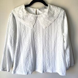 Basement White Lace Collar Eyelet Boho Flowy Butter Mom Summer Blouse Top